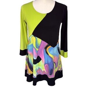 Eva Varro Abstract Tunic Top Small Black Green Multi Colorblock 3/4 Sleeve